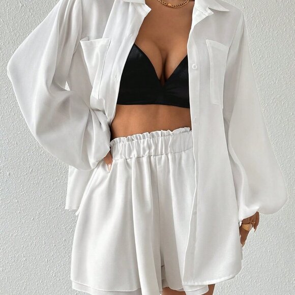 White Casual Women's Lantern Sleeve Shirt And Shorts Set - Picture 6 of 8